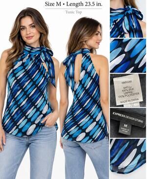 Y2K Indie Sleaze 00s Express Design Studio Silk Halter Tunic Top Sz M Blue Black